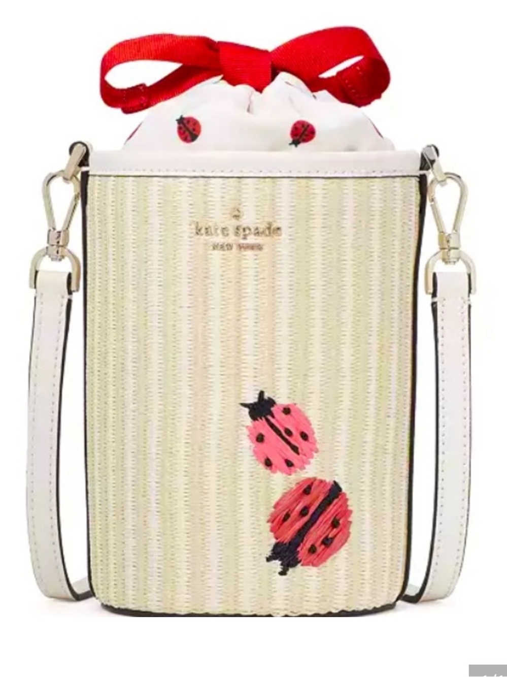 Kate Spade Cream Straw Crossbody w leather strap Pink Red Ladybug Detail - NEW